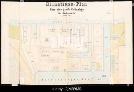 Büttner Carl, Werft für Handelsschiffe an einer Flußmündung ohne Gezeiten. Schinkel-Wettbewerb 1864 (1864): Lageplan 1: 500; Maßstabsbalken. Tusche Aquarell auf der Schachtel, 87,9 x 137,5 cm (inklusive Scankanten) Büttner Carl : Werft für Handelsschiffe an einer Flussmündung ohne Gezeiten. Schinkelwettbewerb 1864 Stockfoto