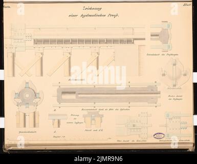 Büttner Carl, Werft für Handelsschiffe an einer Flußmündung ohne Gezeiten. Schinkel Competition 1864 (1864): Hydraulisches Dock, Presse: Riss-Seitenansicht, horizontaler Schnitt, Querschnitt, Details 1:20; Mensur. Tusche Aquarell auf der Schachtel, 51,4 x 66 cm (inklusive Scankanten) Büttner Carl : Werft für Handelsschiffe an einer Flussmündung ohne Gezeiten. Schinkelwettbewerb 1864 Stockfoto