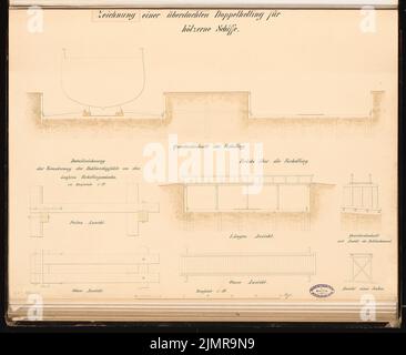 Büttner Carl, Werft für Handelsschiffe an einer Flußmündung ohne Gezeiten. Schinkel-Wettbewerb 1864 (1864): Überdachte Höllenfahrt für Holzschiffe: Querschnitt, Details 1:80; Maßstabsbalken. Tusche Aquarell auf der Schachtel, 54,1 x 66 cm (inklusive Scankanten) Büttner Carl : Werft für Handelsschiffe an einer Flussmündung ohne Gezeiten. Schinkelwettbewerb 1864 Stockfoto