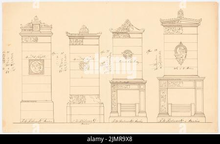 Langhans Carl Ferdinand (1782-1869), Öfen aus Feilner in Berlin (ohne dat.): Ansichten von vier Öfen. Tinte auf Papier, 21,5 x 35,1 cm (inklusive Scankanten) Langhans Carl Ferdinand (1782-1869): Öfen der Firma Feilner, Berlin Stockfoto