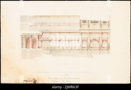 Langhans Carl Ferdinand (1782-1869), Königliche Oper in Berlin. Umbau (07/09/1843): Längsschnitt des Auditoriums mit Dekoration. Tusche Aquarell auf der Schachtel, 39,4 x 61,4 cm (inklusive Scan-Kanten) Langhans Carl Ferdinand (1782-1869): Königliche Oper, Berlin. Umbau Stockfoto