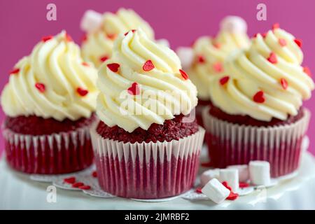 Traditionelle Cupcakes aus rotem Samt. Stockfoto