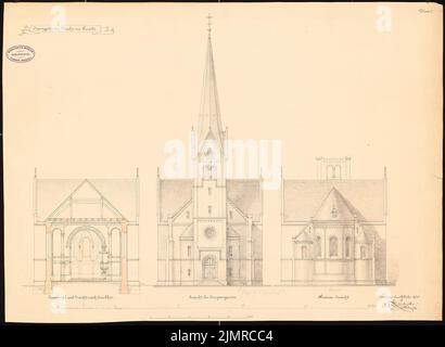 Lüdecke Carl Johann Bogislaw (1826-1894), Evangelische Kirche in Laski bei Kempen. 1. Projekt (09.02.1875): Obere Westansicht, Ostansicht, Querschnitt und Ansicht nach Chor, Skalenstreifen (Meter und Fuß). In der Tusche und Bleistift-Aquarell auf der Schachtel, 51,5 x 70,4 cm (inklusive Scankanten) Lüdecke Carl Johann Bogislaw (1826-1894): Evangelische Kirche, Laski bei Kempen. 1. Projekt Stockfoto