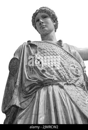 Antike griechische römische Statue der Göttin Athene, der gott der Weisheit, und die kunsthistorische Skulptur, isoliert auf Weiß. Marble Woman in Stockfoto