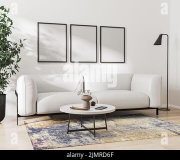 Leere Posterrahmen im Innenraum auf weißer Wand, 3D Rendering Stockfoto