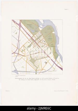 Jansen Hermann (1869-1945), Entwicklungsplan für Berlin-Treptow (08.08.1913): Übersichtsplan. Farbiger Druck auf Papier, 32,8 x 24,2 cm (inklusive Scankanten) Jansen Hermann (1869-1945): Bebauungsplan Berlin-Treptow Stockfoto