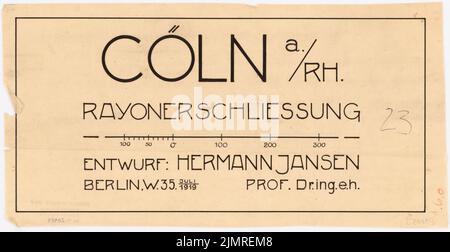 Jansen Hermann (1869-1945), Wettbewerb um die Entwicklung des inneren Rayon, Köln (1919-1919): Skriptfeld (für den Grundplan in 5 Teilen 1: 2500). Tusche auf Transparent, 19 x 36,9 cm (inklusive Scan-Kanten) Jansen Hermann (1869-1945): Wettbewerb zur Bebauung des Inneren Rayons, Köln Stockfoto