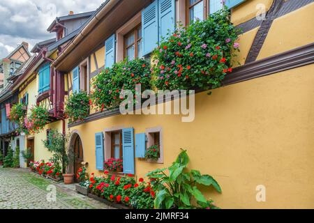 Straße in Eguisheim, Elsaß, Frankreich Stockfoto