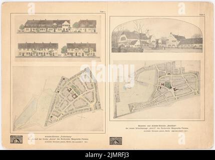 Jansen Hermann (1869-1945), Beamter und Arbeiterkolonie »Streiffeld« und »Kellersberg«, Alsdorf (1904): Kellersberg: Grundplan- und Reihenhausansichten; Streiffeld: Grundplan- und Perspektivansicht: Blick von Südosten über den Hauptplatz auf die Kontras. Buntstift auf Druck auf Papier, auf Karton, 34,6 x 49,5 cm (inklusive Scankanten) Jansen Hermann (1869-1945): Beamten- und Arbeiterkolonie »Streiffeld« und »Kellersberg«, Alsdorf Stockfoto