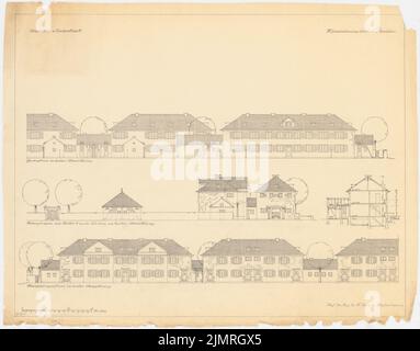 Jansen Hermann (1869-1945), kleines Mehrfamilienhaus des Wohnungsverbandes, Prenzlau (08.04.1921): Ansichten, Querschnitte 1: 100. Bleistift auf Transparent, 70,4 x 89,9 cm (inklusive Scankanten) Jansen Hermann (1869-1945): Kleinwohnungsblock der Wohnungsbaugenossenschaft, Prenzlau Stockfoto