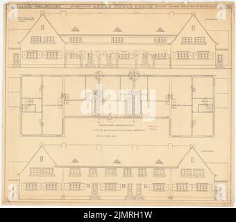 Jansen Hermann (1869-1945), Bau einer Siedlung für die gemeinnützige Kleinhausbaugesellschaft in Berlin-Heiligensee (29.05.1922): Grundrisse und Ansichten des Reihenhauses 1:50. Bleistift auf Transparent, 69,8 x 79,1 cm (inklusive Scankanten) Jansen Hermann (1869-1945): Bau einer Siedlung für die gemeinnützige Kleinhausbaugesellschaft, Berlin-Heiligensee Stockfoto