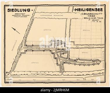 Jansen Hermann (1869-1945), Bau einer Siedlung für die gemeinnützige Kleinhausbaugesellschaft in Berlin-Heiligensee (01.08.1922): Grund- und Bauplan 1: 1000. Tusche und Bleistift auf Transparent, 59,8 x 75,3 cm (inklusive Scankanten) Jansen Hermann (1869-1945): Bau einer Siedlung für die gemeinnützige Kleinhausbaugesellschaft, Berlin-Heiligensee Stockfoto