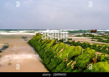 Eine lange Sicht auf die Felsformationen von Flysch bei Ebbe am Strand von Barrika in der Nähe von Bilbao Stockfoto