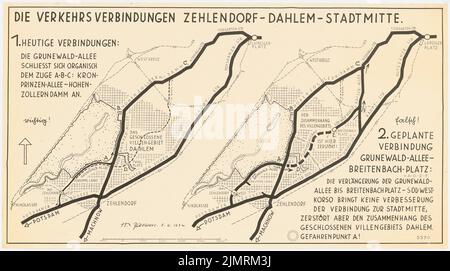 Jansen Hermann (1869-1945), Gutachten zum Projekt des Bezirksamtes Berlin-Zehlendorf zur Benennung einer zusätzlichen Verkehrsstraße von Zehlendorf über eine dahlem Richtung Berlin-M (5. Juni 1934): Vergleich alter und neuer Verbindungen, 2 Grundrisse 1: 27500 (Inv.Nr. 21896-99 identisch). Leichter Bruch auf Papier, 46,2 x 82,9 cm (inklusive Scan-Kanten) Jansen Hermann (1869-1945): Gutachten zum Projekt des Bezirksamtes Berlin-Zehlendorf zur Auslegung einer zusätzlichen Verkehrsstraße von Zehlendorf über Dahlem Richtung Berlin-Mitte Stockfoto