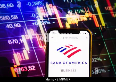 KONSKIE, POLEN - 07. August 2022: Smartphone mit Logo der Bank of America Corporation auf dem Hintergrund des Börsendiagramms Stockfoto