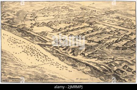 Jansen Hermann (1869-1945), Überarbeitung des Wenningstedt-Entwicklungsplans (1937-1937): Perspektivansicht (Vogelschau). Tinte, Kohle auf Transparent, 41,7 x 68,2 cm (inklusive Scankanten) Jansen Hermann (1869-1945): Revision des Bebauungsplans Wenningstedt auf Sylt Stockfoto