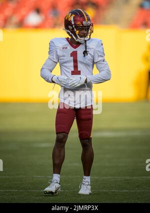 6. August 2022: Washington Commanders Wide Receiver Jahan Dotson (1) während des NFL-Trainingslagers des Teams auf dem Fed Ex Field in Landover, Maryland Fotograf: Cory Royster Stockfoto