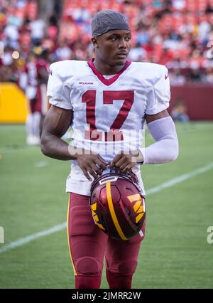 6. August 2022: Terry McLaurin (17), Empfänger der Washington Commanders Wide, während des NFL-Trainingslagers des Teams auf dem Fed Ex Field in Landover, Maryland Fotograf: Cory Royster Stockfoto