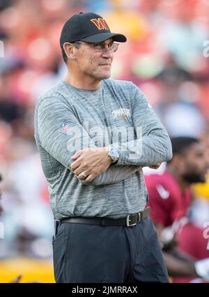 6. August 2022: Ron Rivera, Cheftrainer der Washington Commanders, während des NFL-Trainingslagers des Teams auf dem Fed Ex Field in Landover, Maryland Fotograf: Cory Royster Stockfoto