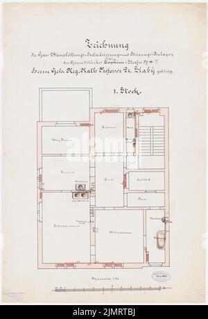 Unbekannter Architekt, Villa Slaby, Sophienstraße 4 in Berlin-Charlottenburg (18. Dezember 1894): Obergeschossplan der Villa mit Gas-, Wasserrohr-, Entwässerungs- und Heizungsanlagen, 1:50, Maßstabsbalken. Tinte, Bleistift, Tinte farbig, wasserfarben auf transparent, 64,6 x 44,1 cm (einschließlich Scankanten) N.N. : Villa Slaby, Sophienstraße 4, Berlin-Charlottenburg Stockfoto