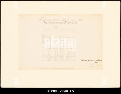 Unbekannter Architekt, Potsdamer Stadthäuser. Bauaufzeichnungen (sogenannter Ziller-Folder) um 1850. Wohnhaus Charlottenstraße (Baujahr 1784) (18. Juni 1855): Riss-Vorderansicht-Fassade (Maßstabsbalken). Bleistift und Tinte auf Papier, 33,4 x 45,8 cm (einschließlich Scankanten) N.N. : Potsdamer Bürgerhäuser. Bauaufnahmen (sog. Ziller-Mappe) um 1850. Wohnhaus Charlottenstraße 3 (Baujahr 1784) Stockfoto