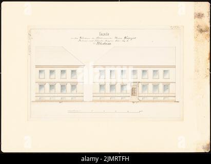 Unbekannter Architekt, Potsdamer Stadthäuser. Bauaufzeichnungen (sogenannter Ziller-Folder) um 1850. Startseite Berliner Straße 11/Ecke Schusterstraße (Baujahr 1775, 1823) (1860?): Untersicht-Fassade Berliner Straße 11, Ecke Schusterstraße (Maßstab, Fuß). Bleistift und Tinte Aquarell auf Papier, 33,5 x 45,9 cm (einschließlich Scankanten) N.N. : Potsdamer Bürgerhäuser. Bauaufnahmen (sog. Ziller-Mappe) um 1850. Wohnhaus Berliner Straße 11/Ecke Schusterstraße (Baujahr 1775, 1823) Stockfoto