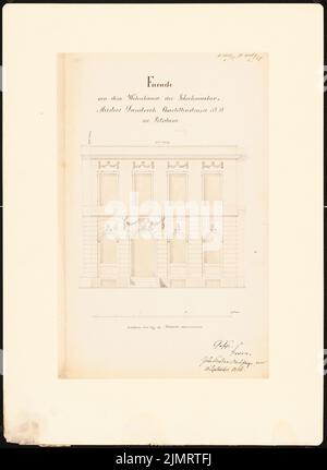 Unger (1743-1799), Potsdamer Bürgerhäuser. Bauaufzeichnungen (sogenannter Ziller-Folder) um 1850. Wohnhaus Charlottenstraße (Baujahr 1779) (15. September 1856): Obere Vorderansicht-Fassade (Massstab, Fuß). Bleistift und Tinte Aquarell auf Papier, 46 x 33,6 cm (inklusive Scankanten) Unger (1743-1799): Potsdamer Bürgerhäuser. Bauaufnahmen (sog. Ziller-Mappe) um 1850. Wohnhaus Charlottenstraße 18 (Baujahr 1779) Stockfoto