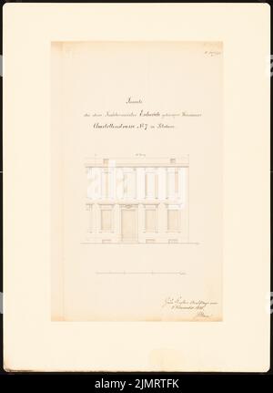 Unbekannter Architekt, Potsdamer Stadthäuser. Bauaufzeichnungen (sogenannter Ziller-Folder) um 1850. Charlottenstraße Wohnhaus (Baujahr 1784) (03.11.1855): Obere Vorderansicht Fassade (Massstab, Fuß). Bleistift und Tinte Aquarell auf Papier, 46 x 33,6 cm (einschließlich Scankanten) N.N. : Potsdamer Bürgerhäuser. Bauaufnahmen (sog. Ziller-Mappe) um 1850. Wohnhaus Charlottenstraße 7 (Baujahr 1784) Stockfoto