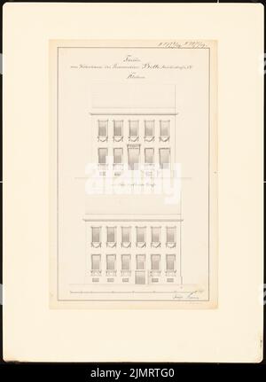 Unbekannter Architekt, Potsdamer Stadthäuser. Bauaufzeichnungen (sogenannter Ziller-Folder) um 1850. Hoditzstraße 14, Ecke Ebräerstraße (Baujahr 1785) (1855-1855): Obere Sichtfassaden der Hoditzstr. Und Ebräer Str. (Scale bar, Fuß). Tusche Aquarell auf Papier, 45,9 x 33,5 cm (einschließlich Scankanten) N.N. : Potsdamer Bürgerhäuser. Bauaufnahmen (sog. Ziller-Mappe) um 1850. Wohnhaus Hoditzstraße 14, Ecke Ebräerstraße (Baujahr 1785) Stockfoto