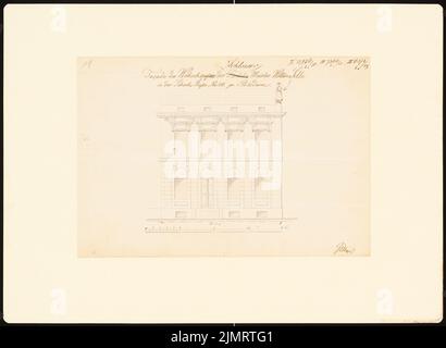 Unbekannter Architekt, Potsdamer Stadthäuser. Bauaufzeichnungen (sogenannter Ziller-Folder) um 1850. Wohnhaus Schockstraße (Baujahr 1786) (1855-1855): Riss-Blickfassade, Fassadenschmuck: Inklusive Figur an der Ecke Statik: Herbst (von Ziller (?) Humoristisch wandte sich WWE Selle zu) ( Skala von Stoßzäpfchen und Bleistift auf Papier, wasserfarben, 33,6 x 46 cm (einschließlich Scankanten) N.N. : Potsdamer Bürgerhäuser. Bauaufnahmen (sog. Ziller-Mappe) um 1850. Wohnhaus Schockstraße 24 (Baujahr 1786) Stockfoto