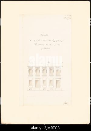 Krüger Andreas Ludwig (1743-1805), Potsdamer Bürgerhäuser. Bauaufzeichnungen (sogenannter Ziller-Folder) um 1850. Wohnhaus Charlottenstraße (Baujahr 1782) (1855-1855): Riss-Vorderansicht-Fassade (Massstab). Bleistift und Tinte Aquarell auf Papier, 46 x 33,6 cm (inklusive Scankanten) Krüger Andreas Ludwig (1743-1805): Potsdamer Bürgerhäuser. Bauaufnahmen (sog. Ziller-Mappe) um 1850. Wohnhaus Charlottenstraße 100 (Baujahr 1782) Stockfoto