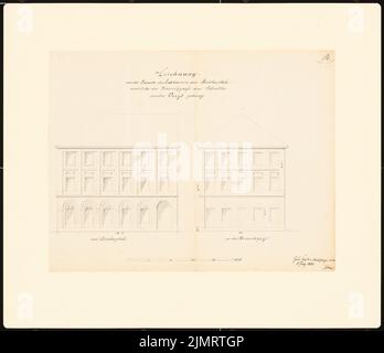 Unbekannter Architekt, Potsdamer Stadthäuser. Bauaufzeichnungen (sogenannter Ziller-Folder) um 1850. Haus Blücherplatz, Ecke Kriewitzgasse (10. Juli 1860): Grundierte Vorderansicht-Fassaden auf Blucherplatz und Kriewitzgasse, Fassadenschmuck (Maßstab, Fuß). Bleistift und Tinte Aquarell auf Papier, 50,7 x 58,8 cm (einschließlich Scankanten) N.N. : Potsdamer Bürgerhäuser. Bauaufnahmen (sog. Ziller-Mappe) um 1850. Wohnhaus Blücherplatz, Ecke Kriewitzgasse Stockfoto