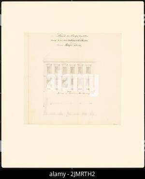 Krüger Andreas Ludwig (1743-1805), Potsdamer Bürgerhäuser. Bauaufzeichnungen (sogenannter Ziller-Folder) um 1850. Charlottenstraße Wohnhaus (Baujahr 1783) (1855-1855): Riss-Frontansicht-Fassade, Grundriss-Front, Seitenfront (Scale-Bar, Fuß). Bleistift und Tinte Aquarell auf Papier, 58,8 x 50,5 cm (inklusive Scankanten) Krüger Andreas Ludwig (1743-1805): Potsdamer Bürgerhäuser. Bauaufnahmen (sog. Ziller-Mappe) um 1850. Wohnhaus Charlottenstraße 108 (Baujahr 1783) Stockfoto