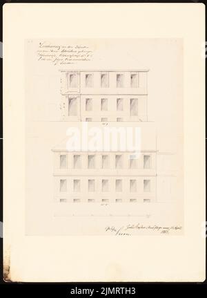 Unbekannter Architekt, Potsdamer Stadthäuser. Bauaufzeichnungen (sogenannter Ziller-Folder) um 1850. Waisenstraße 1 (Baujahr 1786) (22. April 1856): Nahsicht Fassaden Waisenstr. 1 und Jäger Communication (Skalenbalken, Fuß). Bleistift und Tinte Aquarell auf Papier, 46,2 x 33,7 cm (einschließlich Scankanten) N.N. : Potsdamer Bürgerhäuser. Bauaufnahmen (sog. Ziller-Mappe) um 1850. Wohnhaus Waisenstraße 1 (Baujahr 1786) Stockfoto