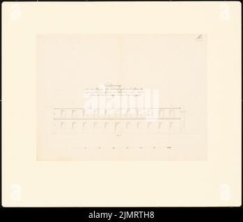 Unbekannter Architekt, Potsdamer Stadthäuser. Bauaufzeichnungen (sogenannter Ziller-Folder) um 1850. Heimatflügel Kriewitzgasse, Ecke Blücherplatz (1855-1855): Riss-Vorderansicht-Fassade (Maßstab Bar, Fuß). Bleistift und Tinte Aquarell auf Papier, 50,4 x 58,6 cm (einschließlich Scankanten) N.N. : Potsdamer Bürgerhäuser. Bauaufnahmen (sog. Ziller-Mappe) um 1850. Wohnhaus Seitenflügel Kriewitzgasse, Ecke Blücherplatz Stockfoto