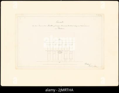 Unbekannter Architekt, Potsdamer Stadthäuser. Bauaufzeichnungen (sogenannter Ziller-Folder) um 1850. Wohnhaus Mammonstraße (Baujahr 1785) (1855-1855): Obere Fassade, Fassadenschmuck (AtticArtusche: Neidkopf) (Maßstabsbalken). Tinte auf Papier, 33,7 x 45,8 cm (einschließlich Scankanten) N.N. : Potsdamer Bürgerhäuser. Bauaufnahmen (sog. Ziller-Mappe) um 1850. Wohnhaus Mammonstraße 3 (Baujahr 1785) Stockfoto