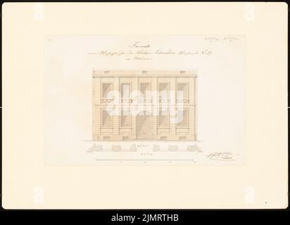 Unger (1743-1799), Potsdamer Bürgerhäuser. Bauaufzeichnungen (sogenannter Ziller-Folder) um 1850. Wohngebäude Waisenstraße (Baujahr 1777) (1860): Riss-Vorderansicht-Fassade, Grundriss-Front (Scale-Bar, Fuß). Bleistift und Tinte Aquarell auf Papier, 33,5 x 46 cm (inklusive Scankanten) Unger (1743-1799): Potsdamer Bürgerhäuser. Bauaufnahmen (sog. Ziller-Mappe) um 1850. Wohnhaus Waisenstraße 27 (Baujahr 1777) Stockfoto