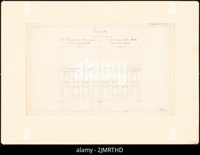 Unger (1743-1799), Potsdamer Bürgerhäuser. Bauaufzeichnungen (sogenannter Ziller-Folder) um 1850. Wohnhaus Charlottenstraße (Baujahr 1780) (1855-1855): Riss-Vorderansicht-Fassade (Maßstab Bar, Fuß). Bleistift und Tinte Aquarell auf Papier, 33,4 x 45,9 cm (inklusive Scankanten) Unger (1743-1799): Potsdamer Bürgerhäuser. Bauaufnahmen (sog. Ziller-Mappe) um 1850. Wohnhaus Charlottenstraße 70 und 71 (Baujahr 1780) Stockfoto