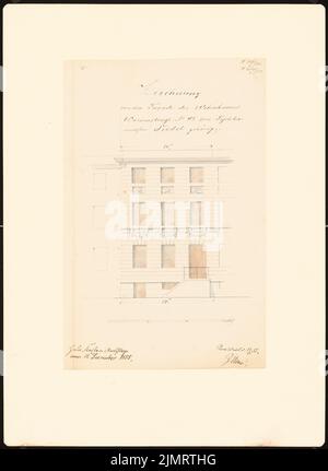 Unger (1743-1799), Potsdamer Bürgerhäuser. Bauaufzeichnungen (sogenannter Ziller-Folder) um 1850. Waisenstraße 42 Wohnhaus (Baujahr 1781) (13.12.1855): Obere Vorderansicht Fassade (Massstab, Fuß). Bleistift und Tinte Aquarell auf Papier, 46 x 33,6 cm (inklusive Scankanten) Unger (1743-1799): Potsdamer Bürgerhäuser. Bauaufnahmen (sog. Ziller-Mappe) um 1850. Wohnhaus Waisenstraße 42 (Baujahr 1781) Stockfoto