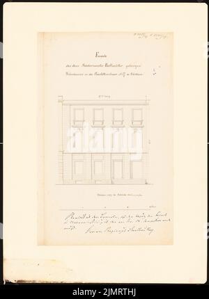 Unger (1743-1799), Potsdamer Bürgerhäuser. Bauaufzeichnungen (sogenannter Ziller-Folder) um 1850. Wohnhaus Charlottenstraße (Baujahr 1776) (24.07.1856): Riss-Vorderansicht-Fassade (Maßstab Bar, Fuß). Bleistift und Tinte Aquarell auf Papier, 46 x 33,7 cm (inklusive Scankanten) Unger (1743-1799): Potsdamer Bürgerhäuser. Bauaufnahmen (sog. Ziller-Mappe) um 1850. Wohnhaus Charlottenstraße 57 (Baujahr 1776) Stockfoto