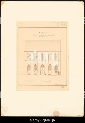 Unger (1743-1799), Potsdamer Bürgerhäuser. Bauaufzeichnungen (sogenannter Ziller-Folder) um 1850. Wohnhaus Bäckerstraße (Baujahr 1775) (1855-1855): Fassade mit Riss-Blick (Scale Bar, Fuß). Tusche Aquarell auf Papier, 46,2 x 33,7 cm (inklusive Scankanten) Unger (1743-1799): Potsdamer Bürgerhäuser. Bauaufnahmen (sog. Ziller-Mappe) um 1850. Wohnhaus Bäckerstraße 4 (Baujahr 1775) Stockfoto