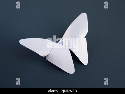 Weißes Papier Schmetterling Origami isoliert auf einem grauen Hintergrund Stockfoto