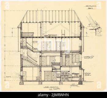 Blunck Erich (1872-1950), Landhaus Pallat in Stolpe, Berlin-Wannsee (1905-1905): Längsschnitt 1:50 (Spiegelbild für den ersten Entwurf); Details 1:10 vom Dach. Tusche und Bleistift auf Transparent, 42 x 49 cm (inklusive Scankanten) Blunck Erich (1872-1950): Landhaus Pallat in Stolpe, Berlin-Wannsee Stockfoto