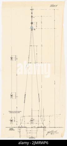 Blunck Erich (1872-1950), Evangelische Kirche in Berlin-Nikolassee (10.05.1909): Riss-Ansicht der Nordseite des Turmhelms 1:50; Zahlen. Tusche und Farbstift auf Transparent, 72,9 x 35 cm (inklusive Scankanten) Blunck Erich (1872-1950): Evangelische Kirche, Berlin-Nikolassee Stockfoto