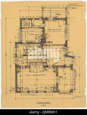 Blunck Erich (1872-1950), Einfamilienhaus in Berlin-Nikolassee (1910): Grundriß Erdgeschoss 1:50. Tinte, Bleistift auf Transparent, 43,8 x 34,8 cm (inklusive Scankanten) Blunck Erich (1872-1950): Einfamilienwohnhaus, Berlin-Nikolassee Stockfoto