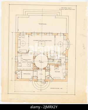 Blunck Erich (1872-1950), Einfamilienhaus (ohne Datum): Grundriß: Erdgeschoss 1:50. Tusche, Farbstift und Bleistift auf Transparent, 47,3 x 40,2 cm (inklusive Scankanten) Blunck Erich (1872-1950): Einfamilienhaus Stockfoto