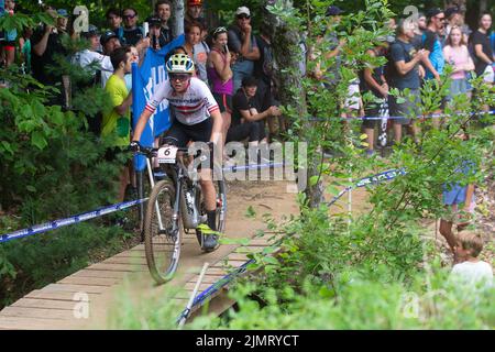 Beaupre, Quebec, Kanada. 07. August 2022: Mona Mitterwallner aus Österreich (6) auf Kurs auf den zweiten Platz beim WomenÕs Cross-Country Olympic Race während des Mercedes-Benz UCI Mountain Bike World Cup 2022 in Mont-Sainte-Anne in Beaupre, Quebec, Kanada. Daniel Lea/CSM Credit: CAL Sport Media/Alamy Live News Stockfoto