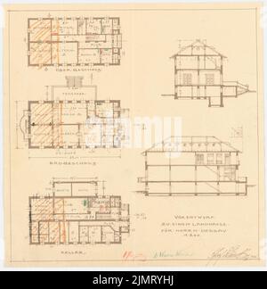 Blunck Erich (1872-1950), Landhaus (12. Juni 1921): Grundriß 1: 200: Keller, Erdgeschoss, Obergeschoss; Längsschnitt 1: 200; Querschnitt 1: 200. Bleistift, Farbstift über Lichtbruch auf Papier, 31,9 x 31,5 cm (inklusive Scankanten) Blunck Erich (1872-1950): Landhaus Stockfoto