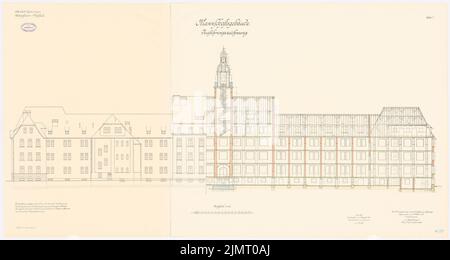 Breisig, nicht beauftragte Offiziere, Sigmaringen. Team- und Bauerngebäude (9. Oktober 1911): Ansicht und Längsschnitt des Teamgebäudes 1: 100. Lithographie auf Karton, 70,9 x 133,2 cm (inklusive Scankanten) Breisig : Unteroffiziers-Vorschule, Sigmaringen. Mannschafts- und Wirtschaftsgebäude Stockfoto