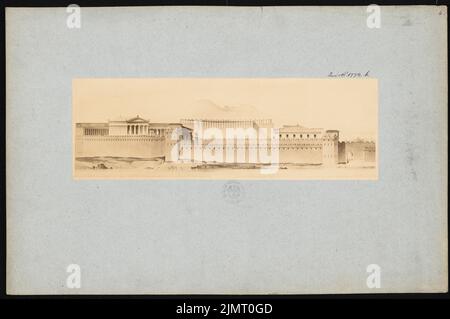 Unbekannte Künstler, Akropolis mit Zeichnungen in Athen (vor 1890): Blick in einer Rekonstruktionszeichnung der Akropolis in Athen von der Seite. Foto auf Papier, 32,4 x 48,8 cm (inklusive Scankanten) unbek. Künstler : Akropolis, Athen Stockfoto